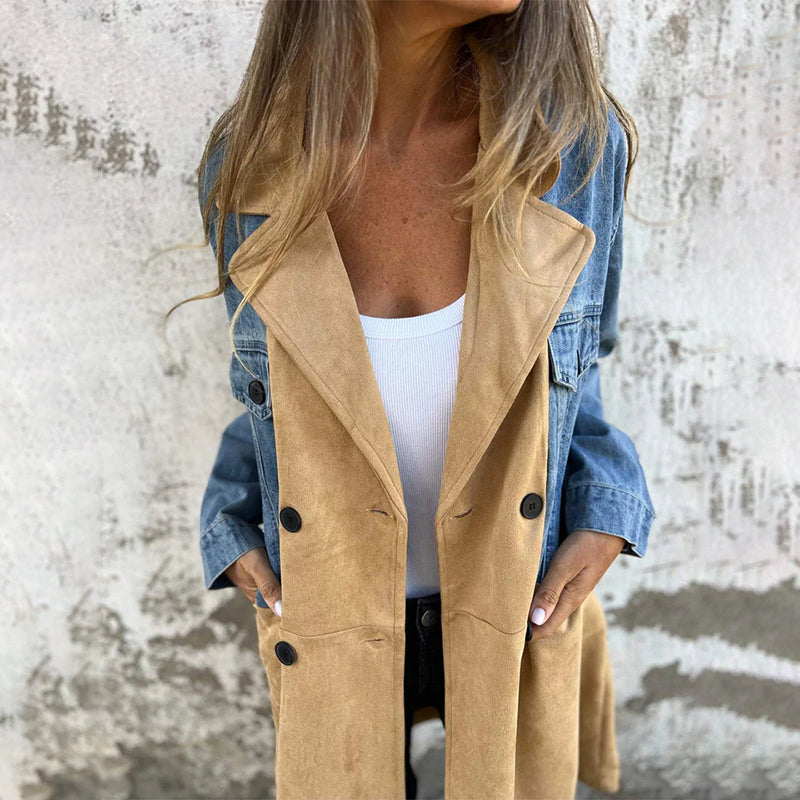 🎁💖Trenchcoat van middellange lengte met stiksels in Denim Jean