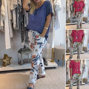 💐2-delige outfit voor dames - effen blouse en casual broek met bloemenprint👚👖