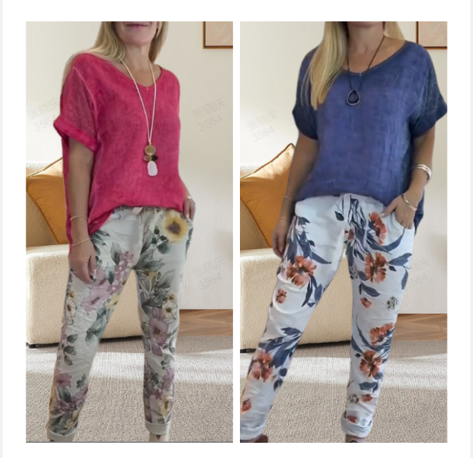 💐2-delige outfit voor dames - effen blouse en casual broek met bloemenprint👚👖